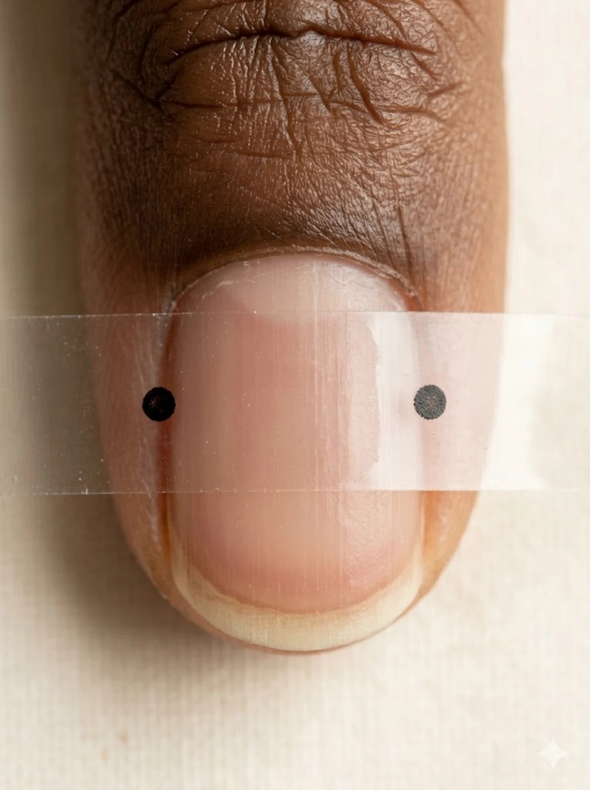 Clear tape pressed over natural nail with pen marks at both edges