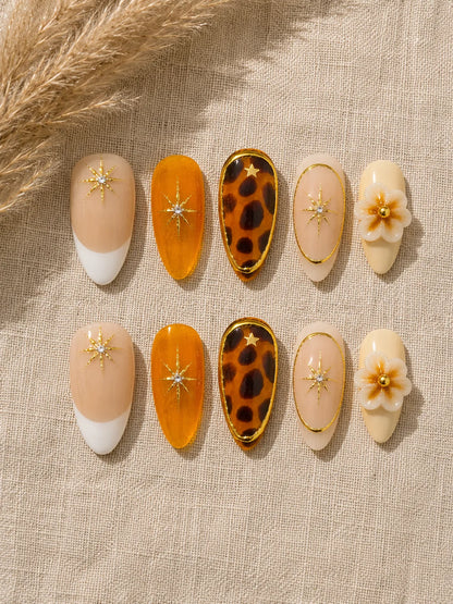 Amber Starburst - Tortoiseshell Gold Press-On Nails - flatlay
