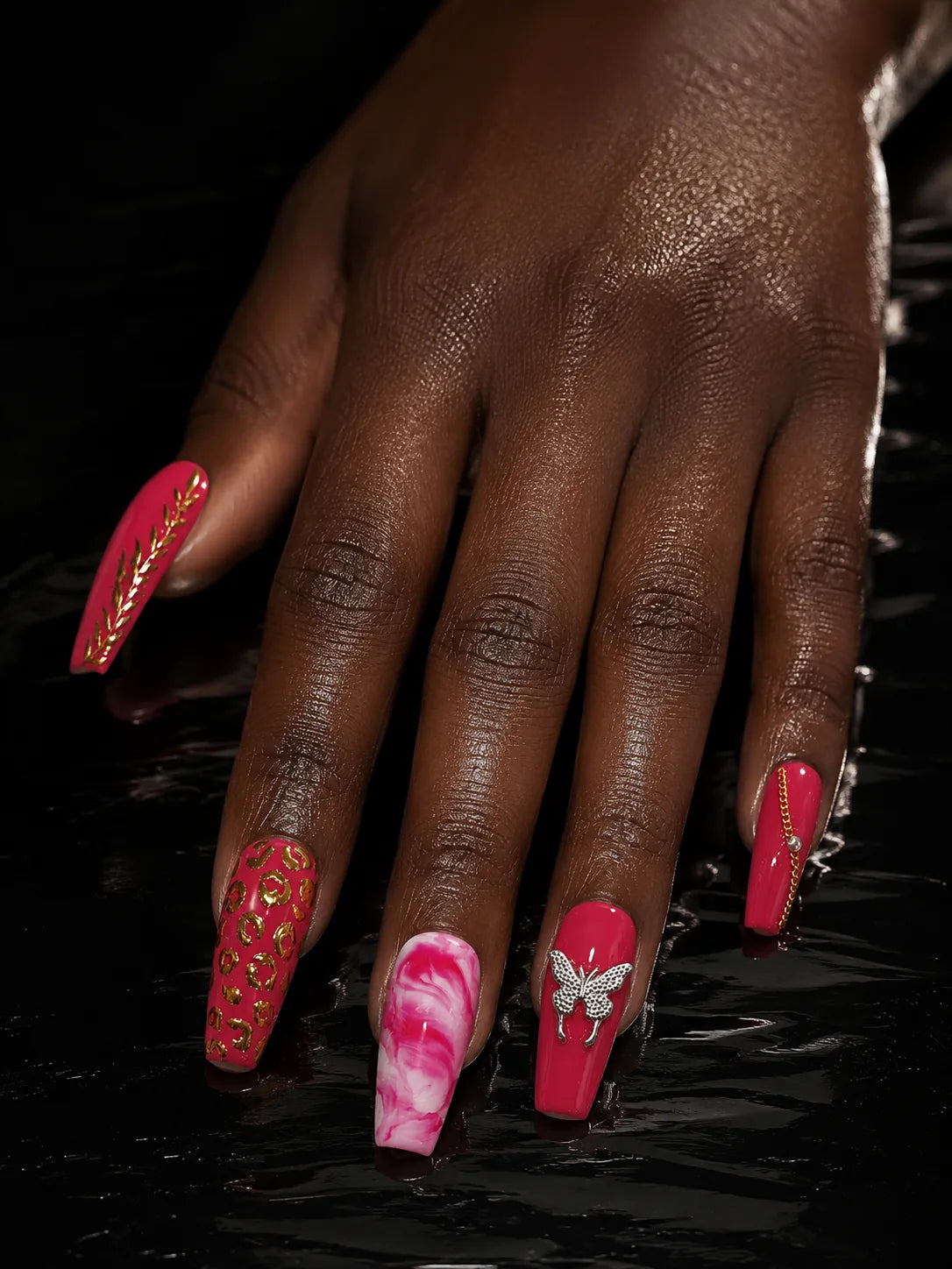 Berry Butterfly Gold Leopard Press-On Nails - hand1
