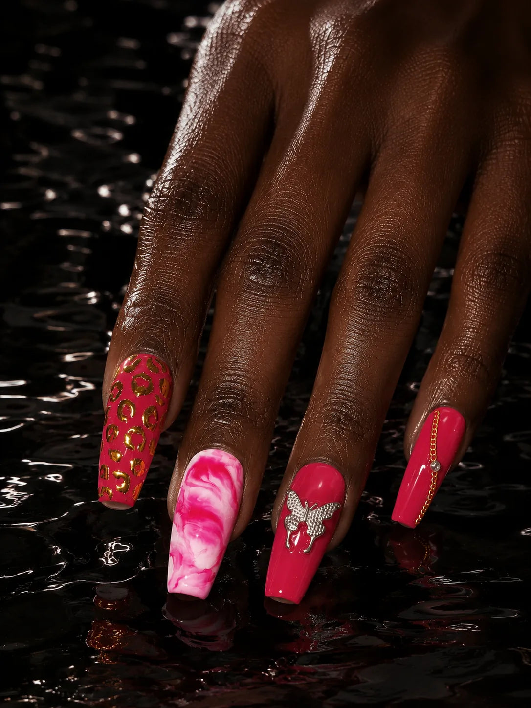 Berry Butterfly Gold Leopard Press-On Nails - hand2