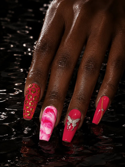 Berry Butterfly Gold Leopard Press-On Nails - hand2