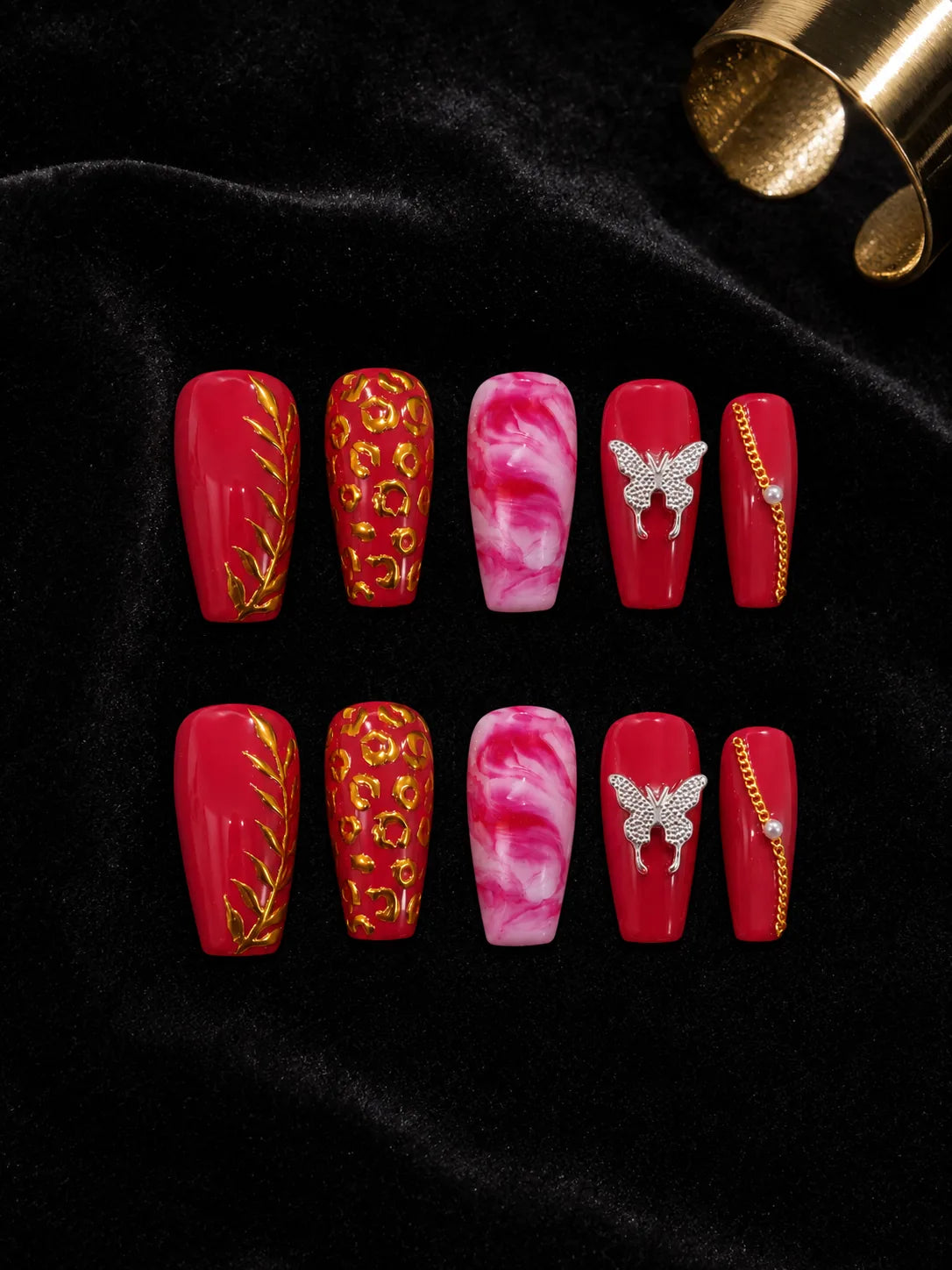 Berry Butterfly Gold Leopard Press-On Nails - flatlay