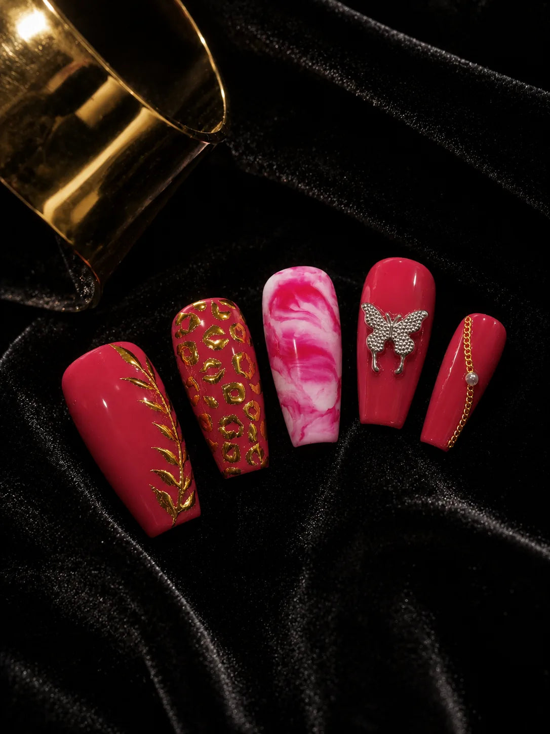 Berry Butterfly Gold Leopard Press-On Nails - closeup2