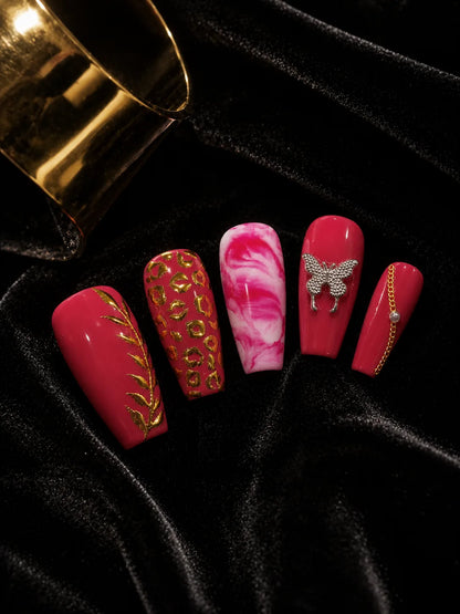 Berry Butterfly Gold Leopard Press-On Nails - closeup2