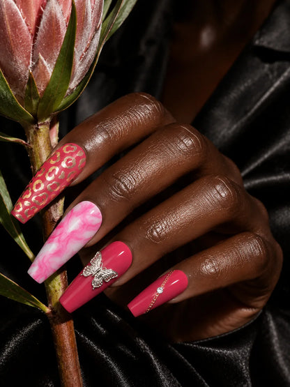 Berry Butterfly Gold Leopard Press-On Nails - life1