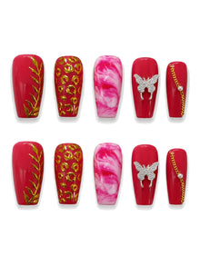 Berry Butterfly Gold Leopard Press-On Nails