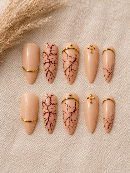 Blood Marble Cuff Gilded Nude Press-On Nails - flatlay