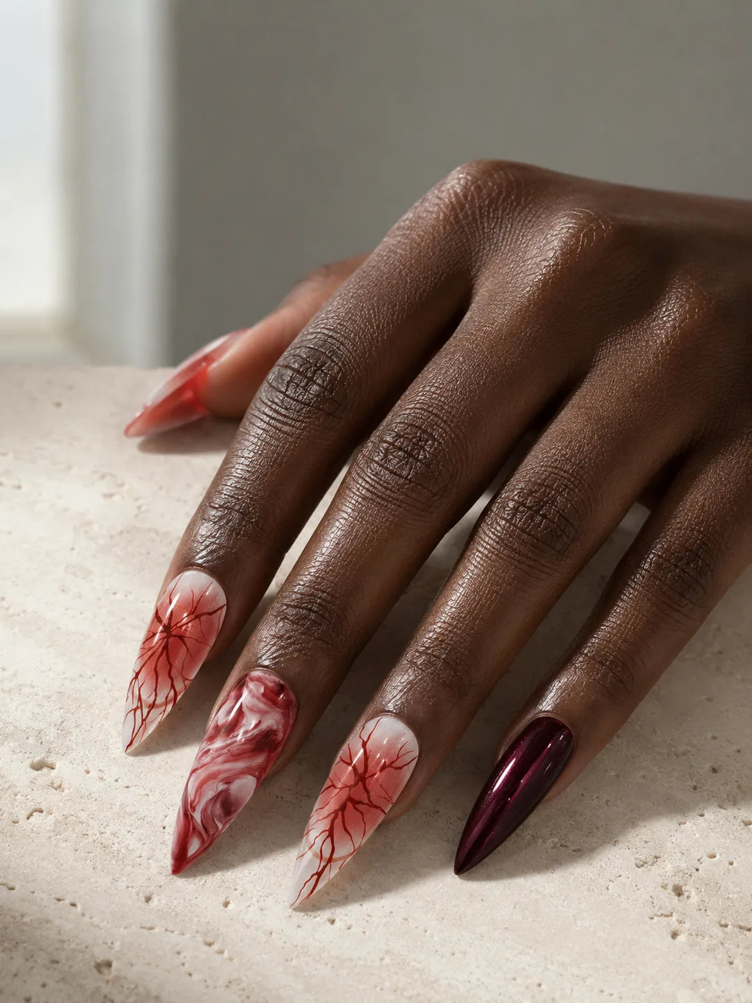 Blood Vein Vamp Marbled Red Press-On Nails - hand1