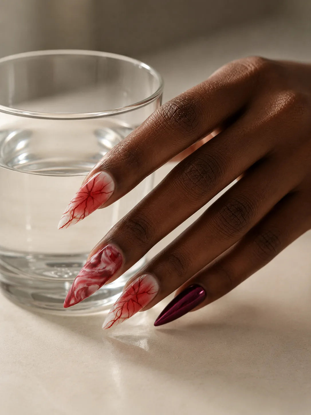 Blood Vein Vamp Marbled Red Press-On Nails - hand2