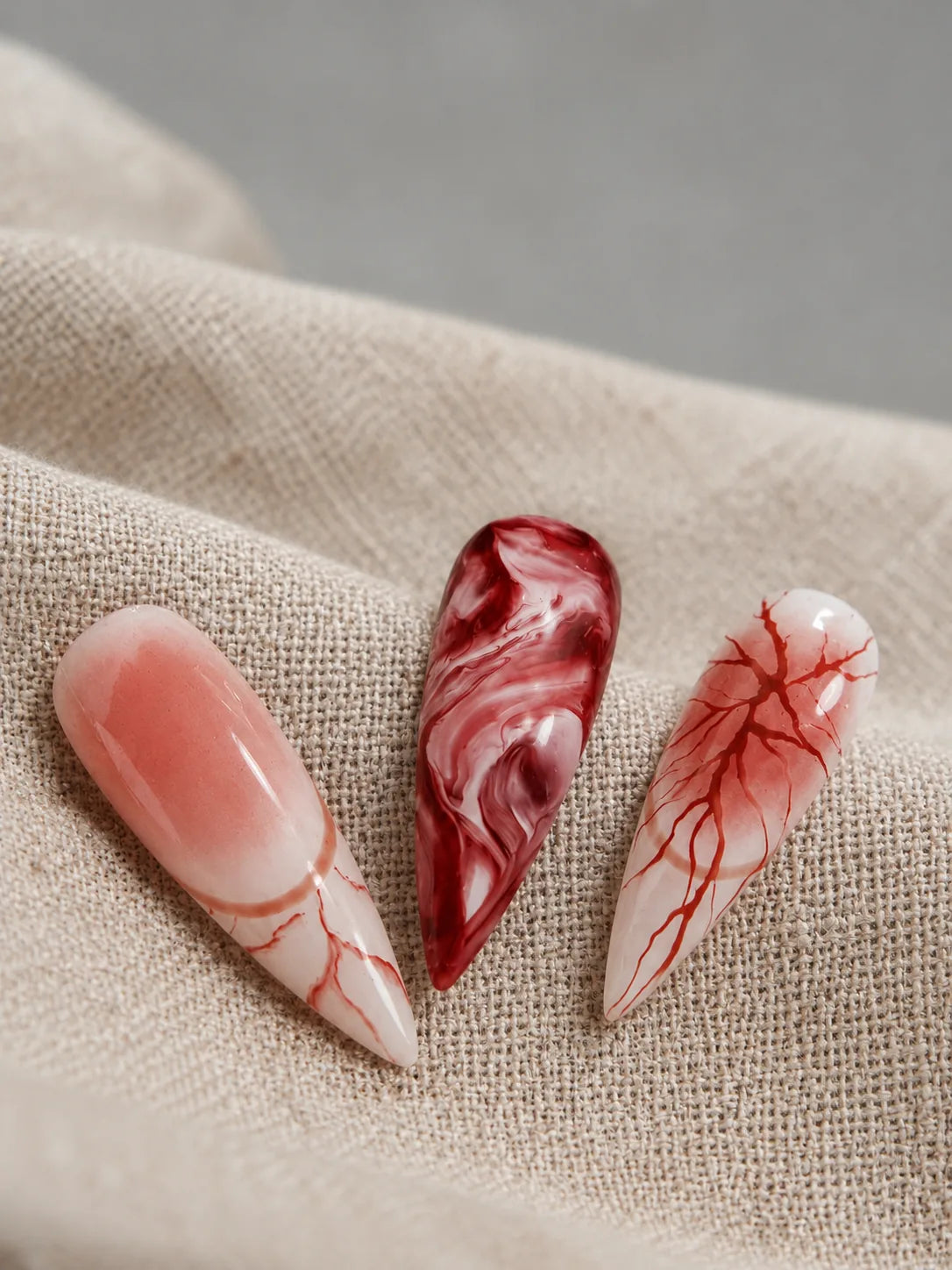 Blood Vein Vamp Marbled Red Press-On Nails - closeup