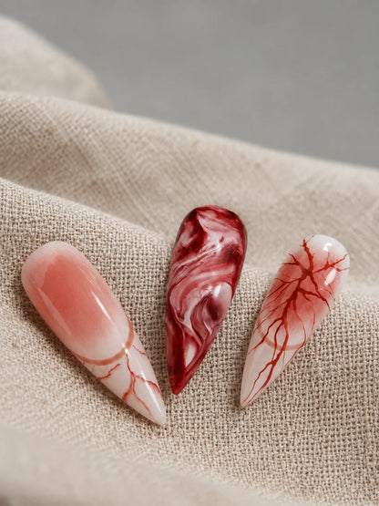 Blood Vein Vamp Marbled Red Press-On Nails - closeup