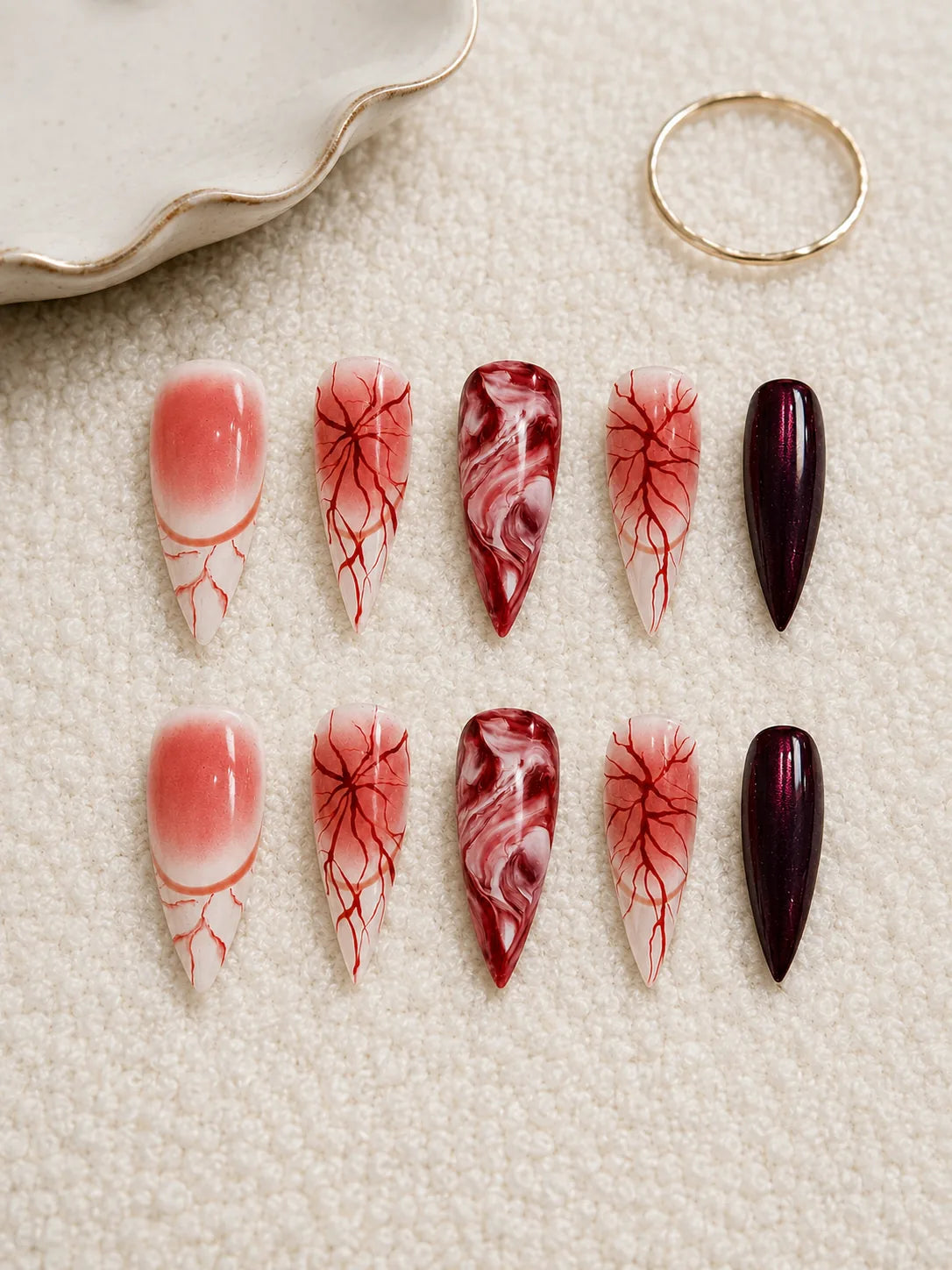 Blood Vein Vamp Marbled Red Press-On Nails - flatlay