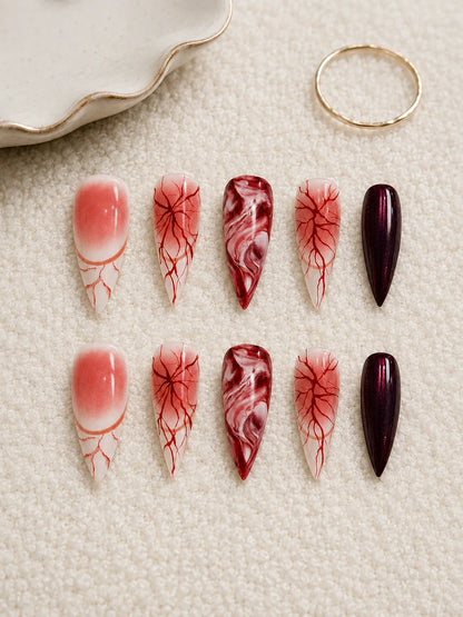Blood Vein Vamp Marbled Red Press-On Nails - flatlay