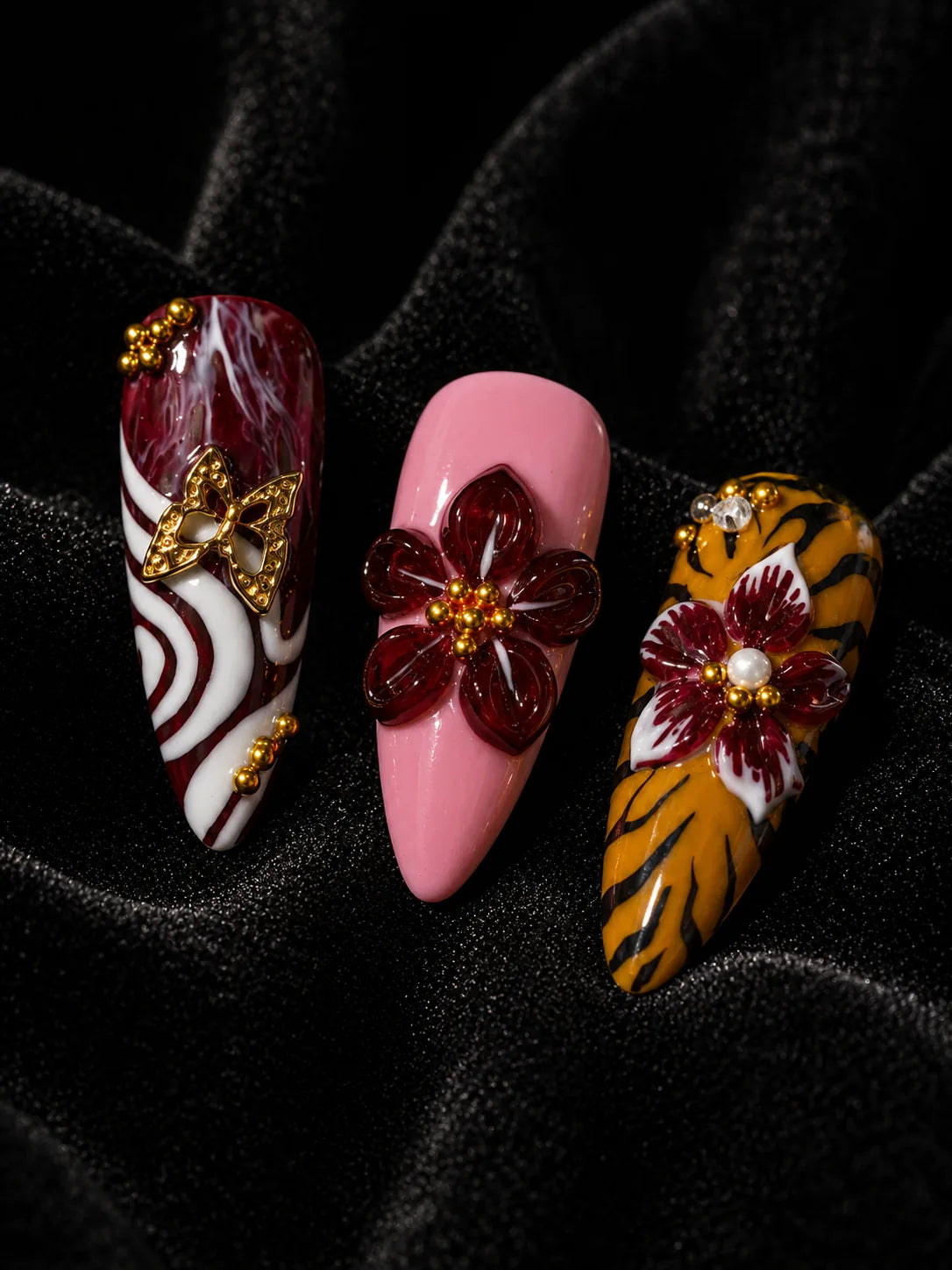 Bloom Ember 3D Floral Press-On Nails - closeup