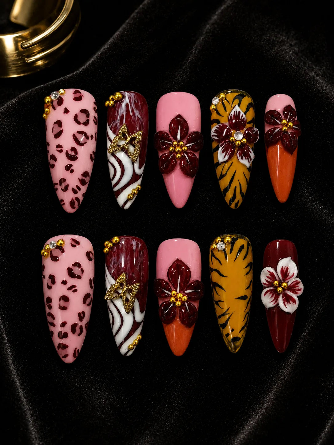 Bloom Ember 3D Floral Press-On Nails - flatlay