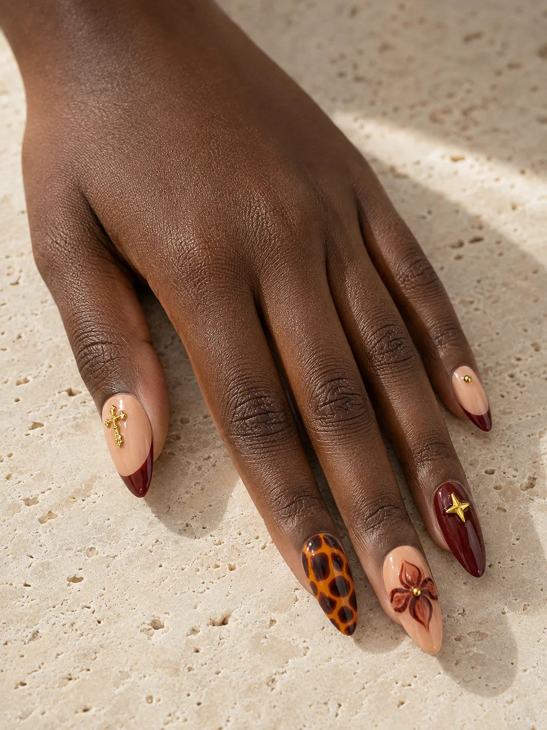 Burgundy Bloom Cross Charm Press-On Nails - hand1