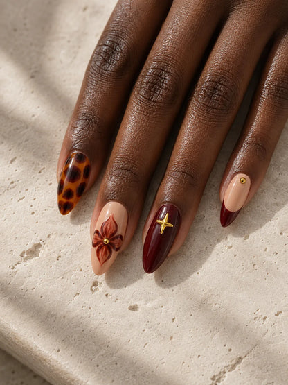 Burgundy Bloom Cross Charm Press-On Nails - hand2