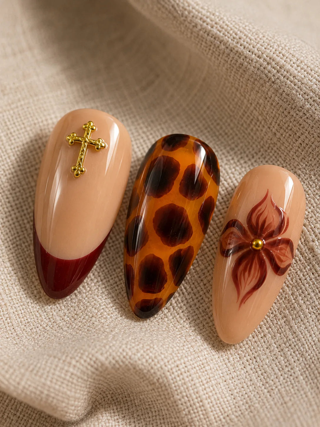 Burgundy Bloom Cross Charm Press-On Nails - closeup