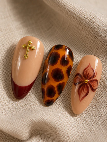Burgundy Bloom Cross Charm Press-On Nails - closeup