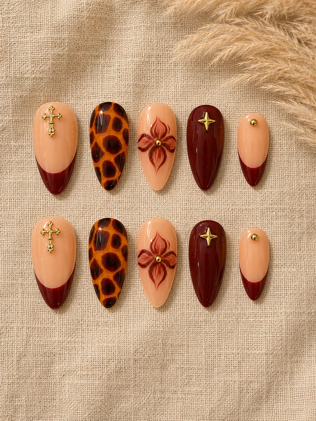 Burgundy Bloom Cross Charm Press-On Nails - flatlay