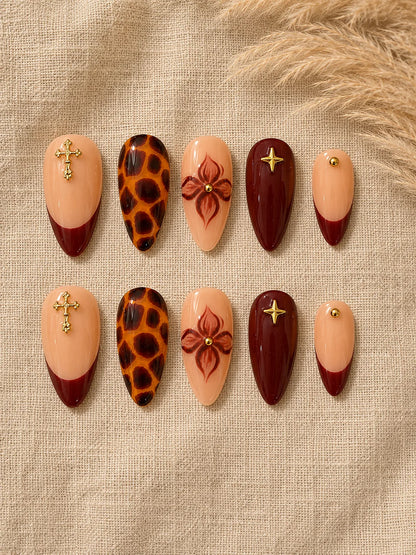 Burgundy Bloom Cross Charm Press-On Nails - flatlay