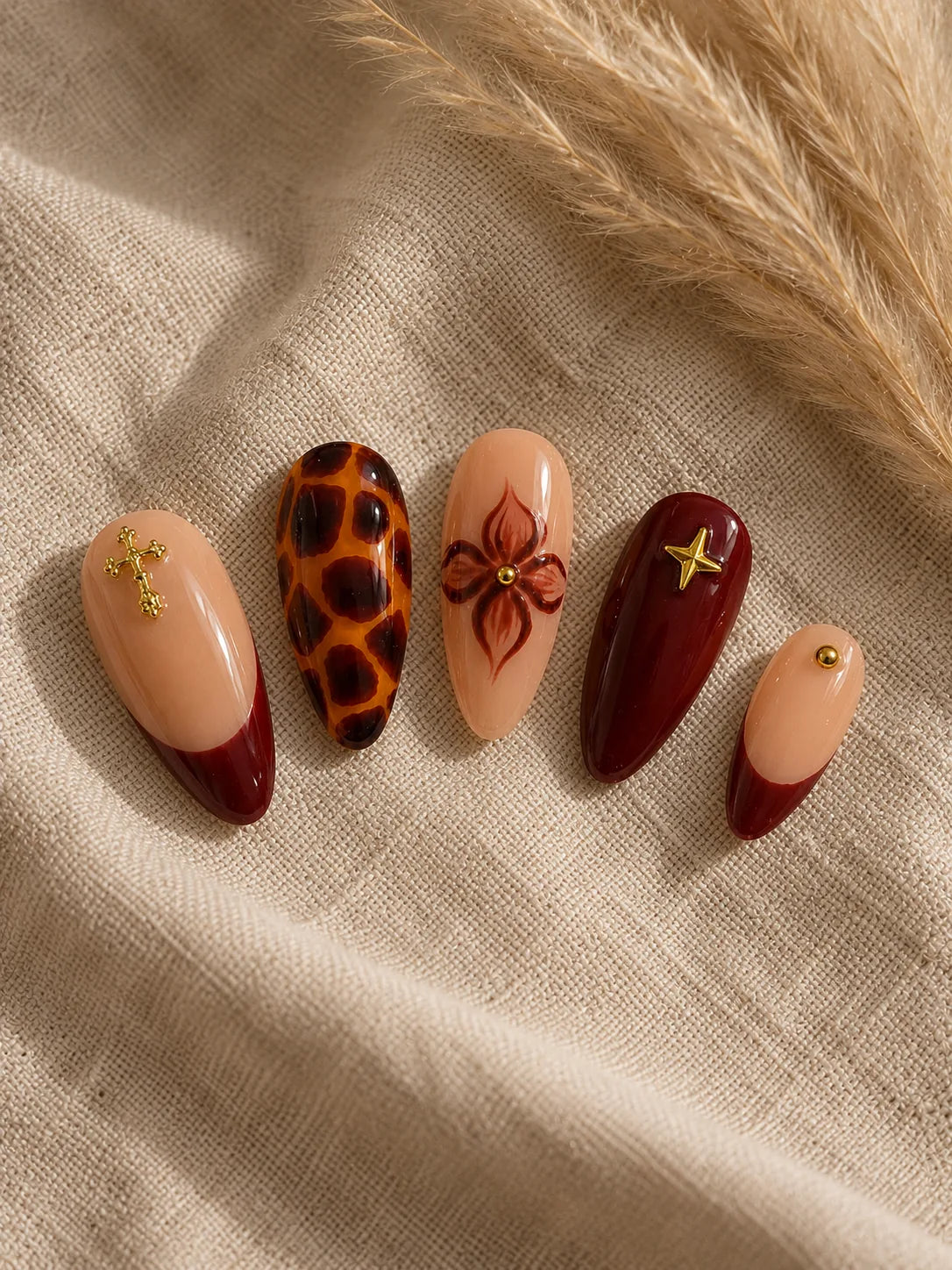 Burgundy Bloom Cross Charm Press-On Nails - closeup2