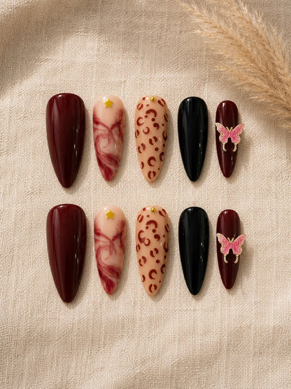 Butterfly Vamp Leopard Marble Press-On Nails - flatlay