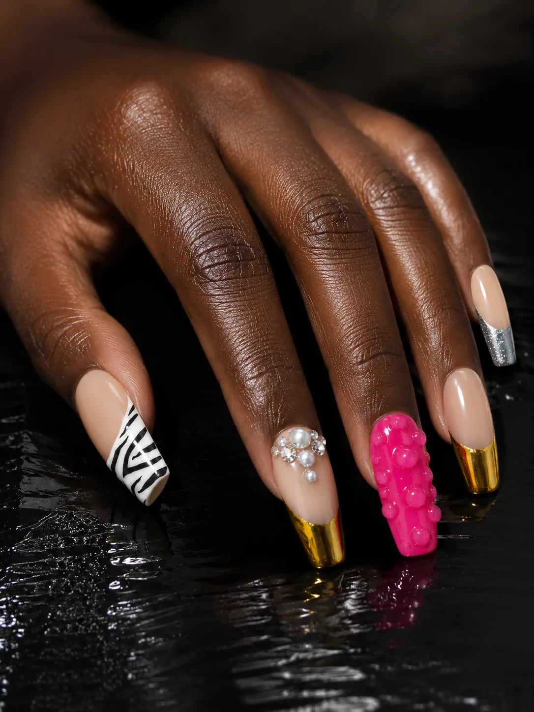 Candy Chrome - Zebra Print Metallic Foil Press-On Nails - hand1