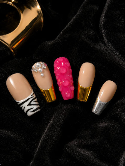Candy Chrome - Zebra Print Metallic Foil Press-On Nails - closeup2