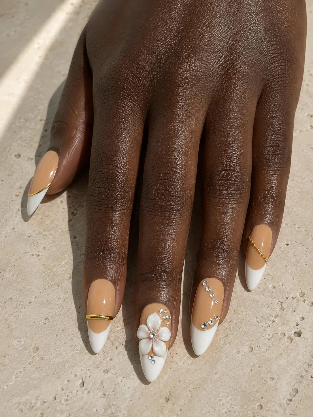 Caramel French Bloom Rhinestone Press-On Nails - hand1