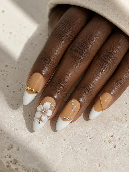 Caramel French Bloom Rhinestone Press-On Nails - hand2