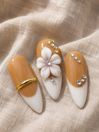 Caramel French Bloom Rhinestone Press-On Nails - closeup