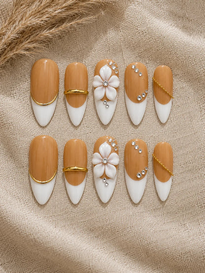 Caramel French Bloom Rhinestone Press-On Nails - flatlay