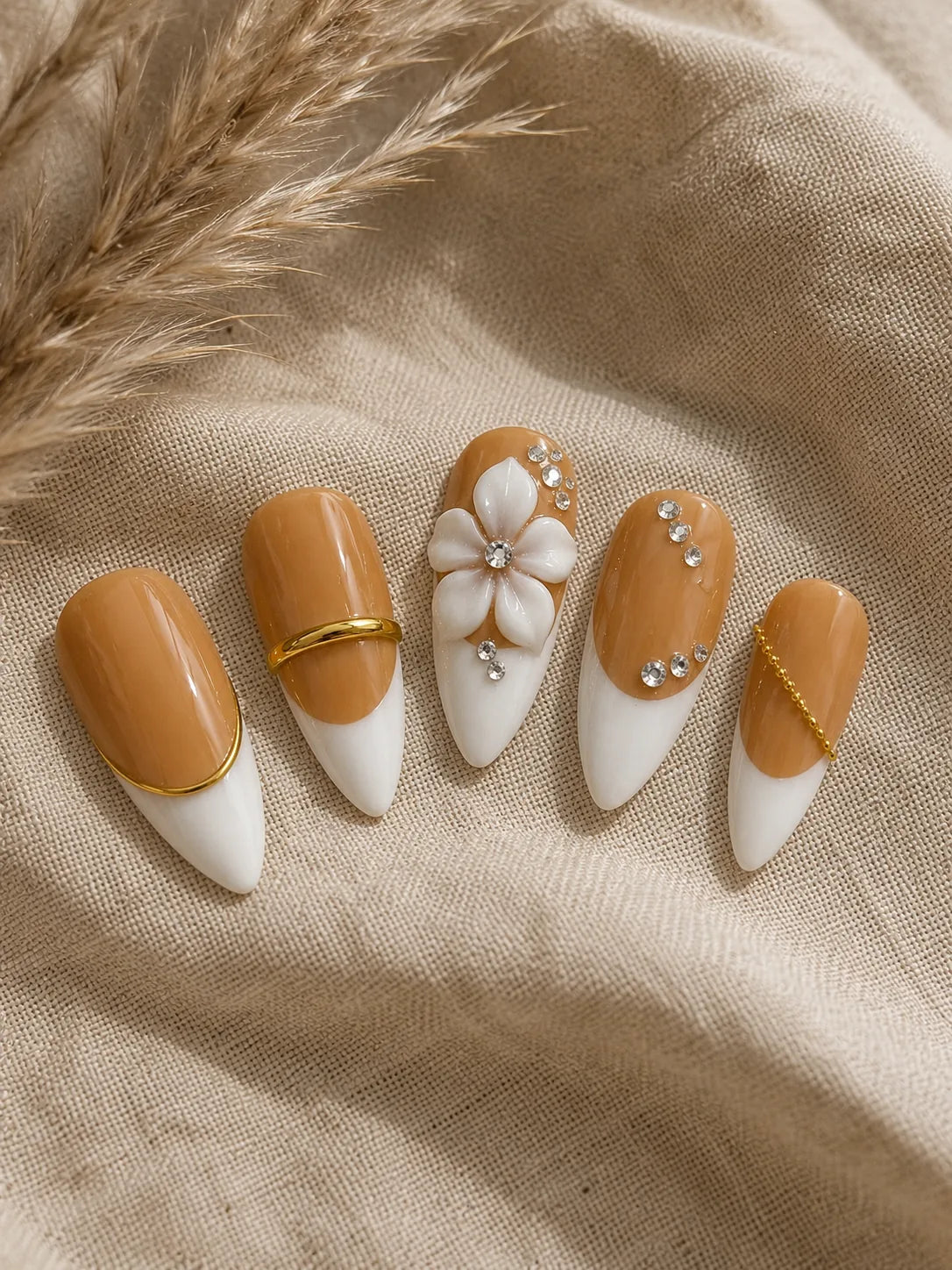 Caramel French Bloom Rhinestone Press-On Nails - closeup2