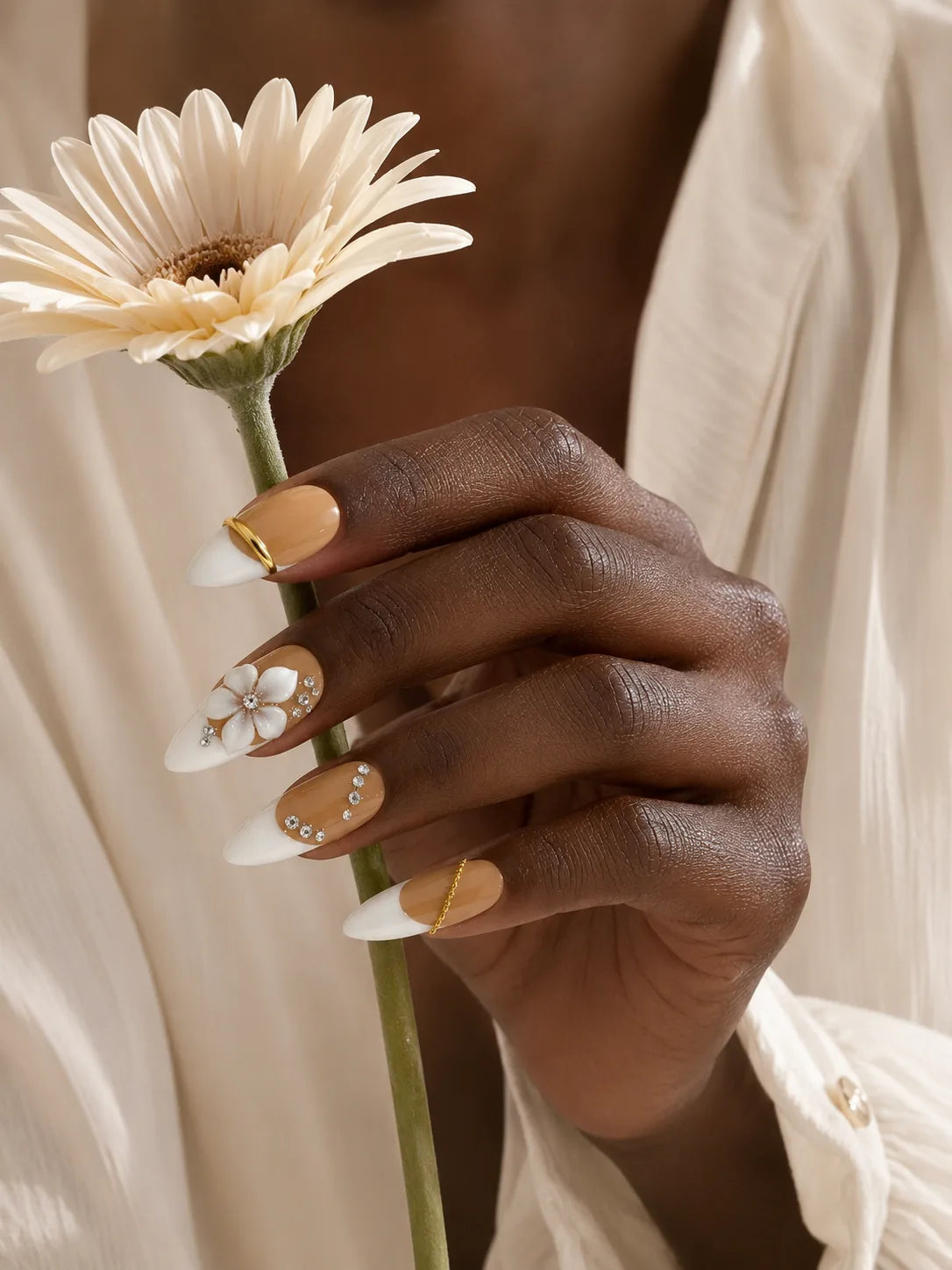 Caramel French Bloom Rhinestone Press-On Nails - life1
