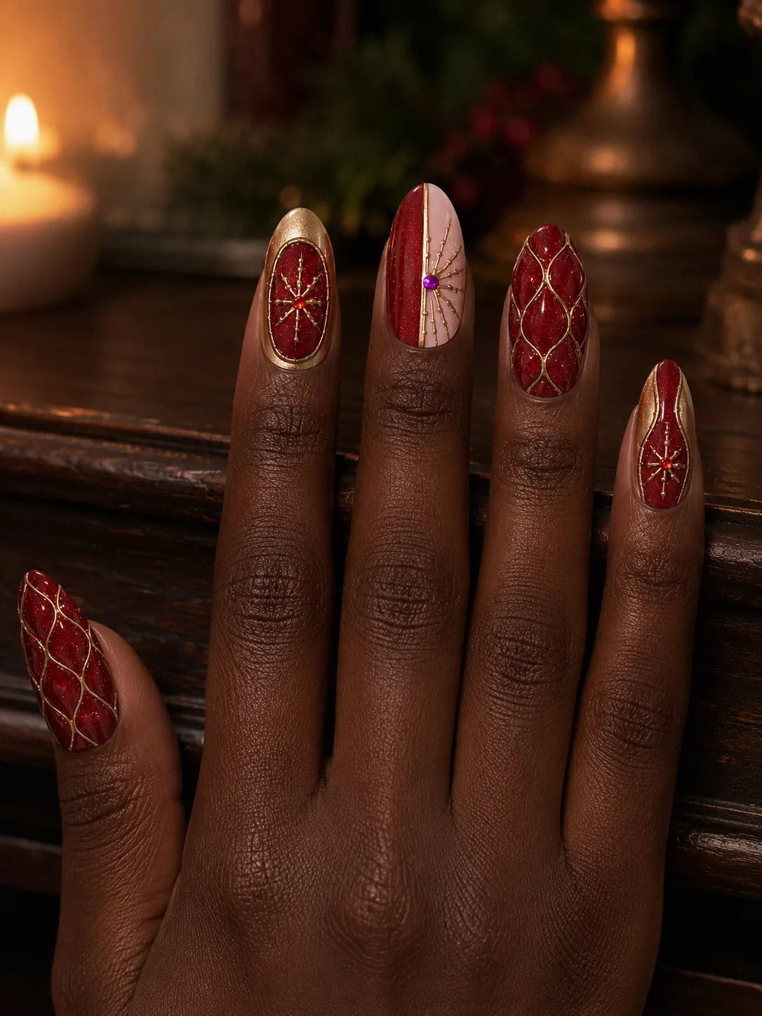 Champagne Noel Quilted Gem Press-On Nails - hand1