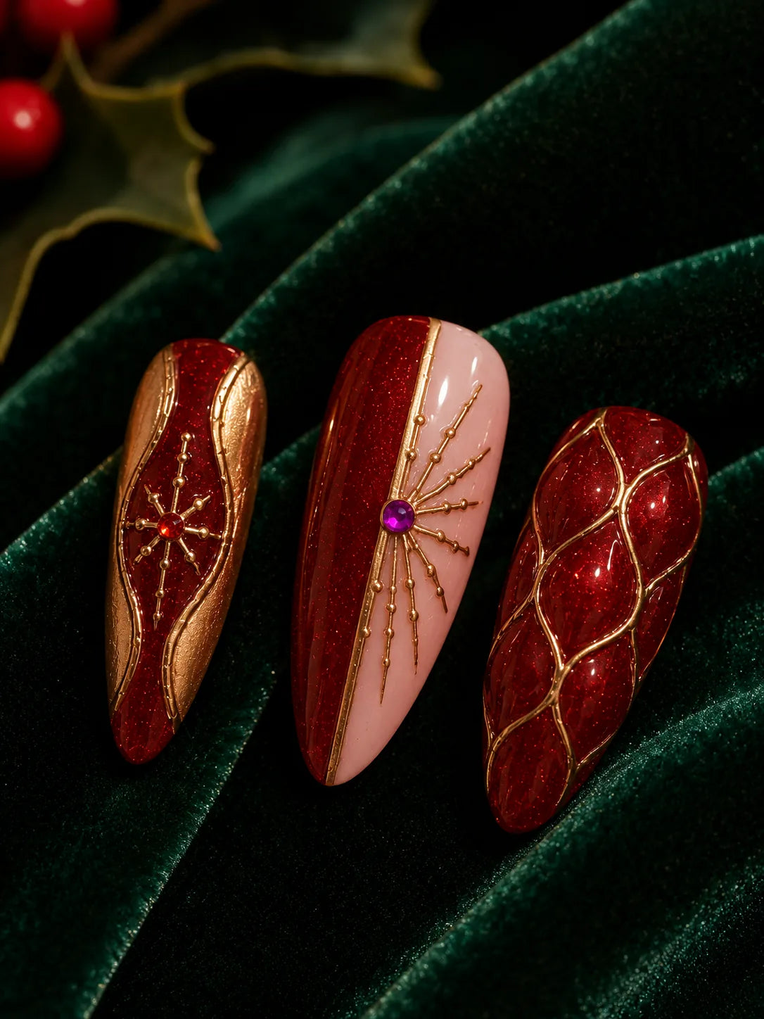 Champagne Noel Quilted Gem Press-On Nails - closeup