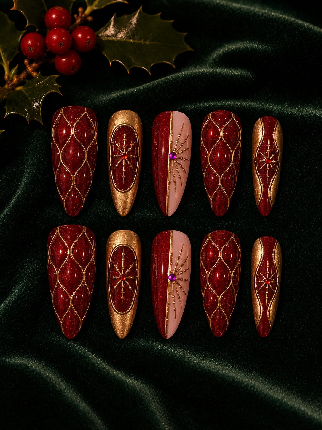 Champagne Noel Quilted Gem Press-On Nails - flatlay