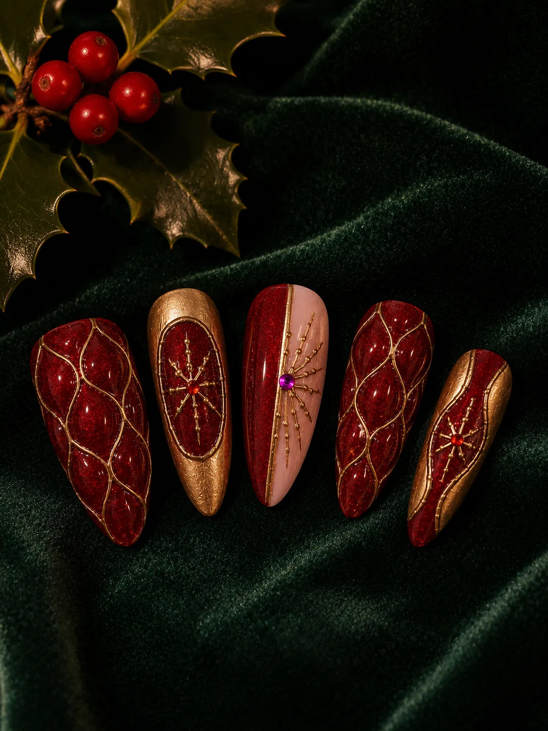 Champagne Noel Quilted Gem Press-On Nails - closeup2