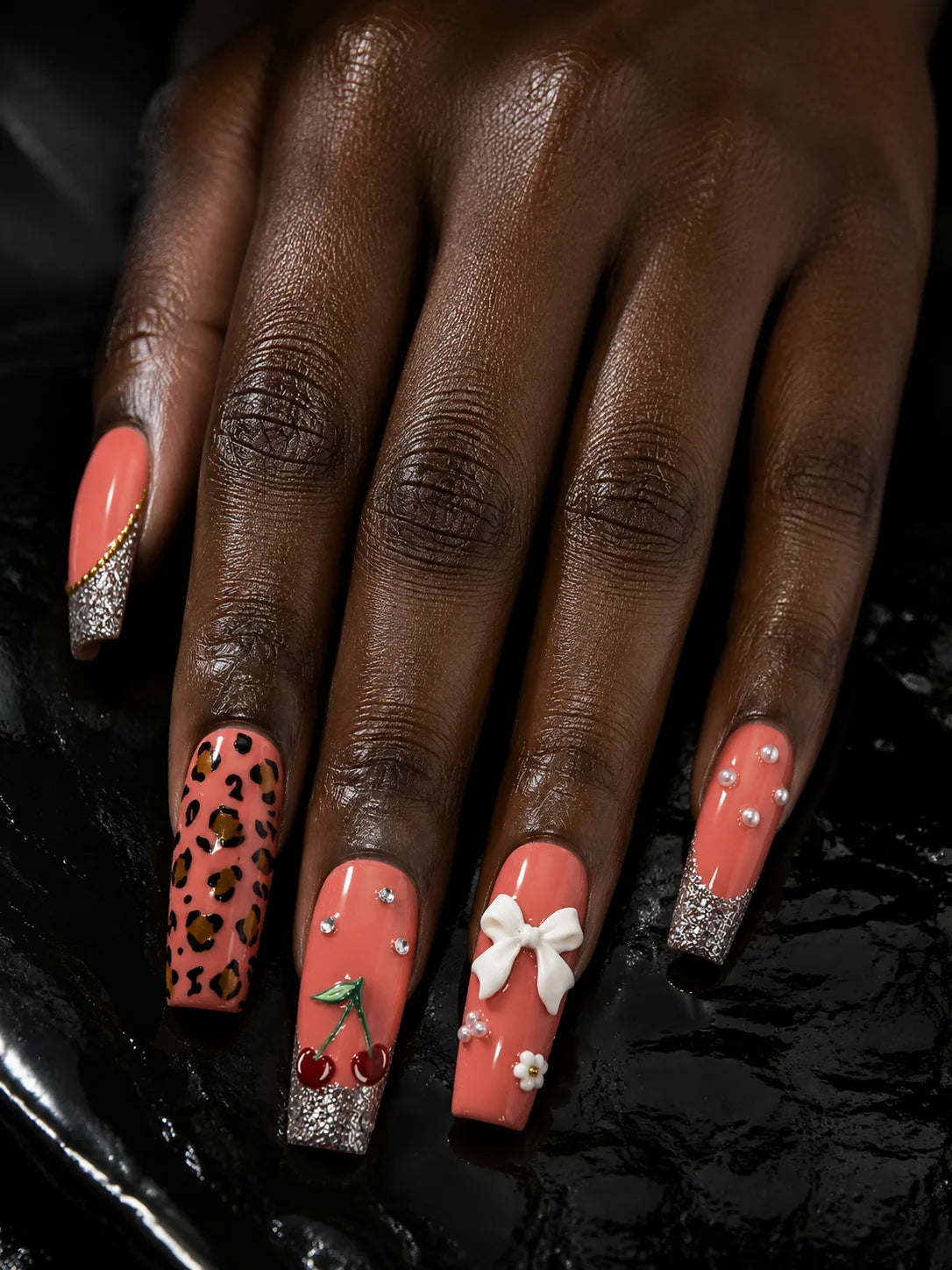 Cherry Bow Bling Leopard Print Press-On Nails - hand1