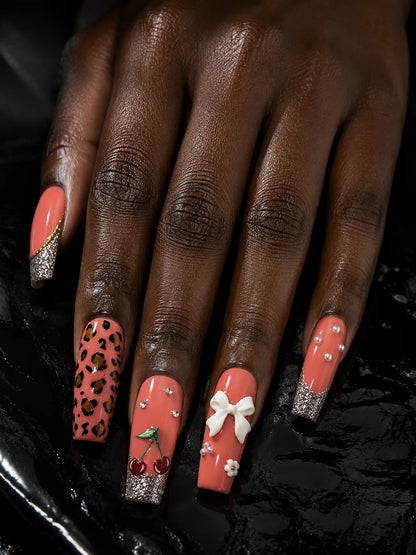 Cherry Bow Bling Leopard Print Press-On Nails - hand1