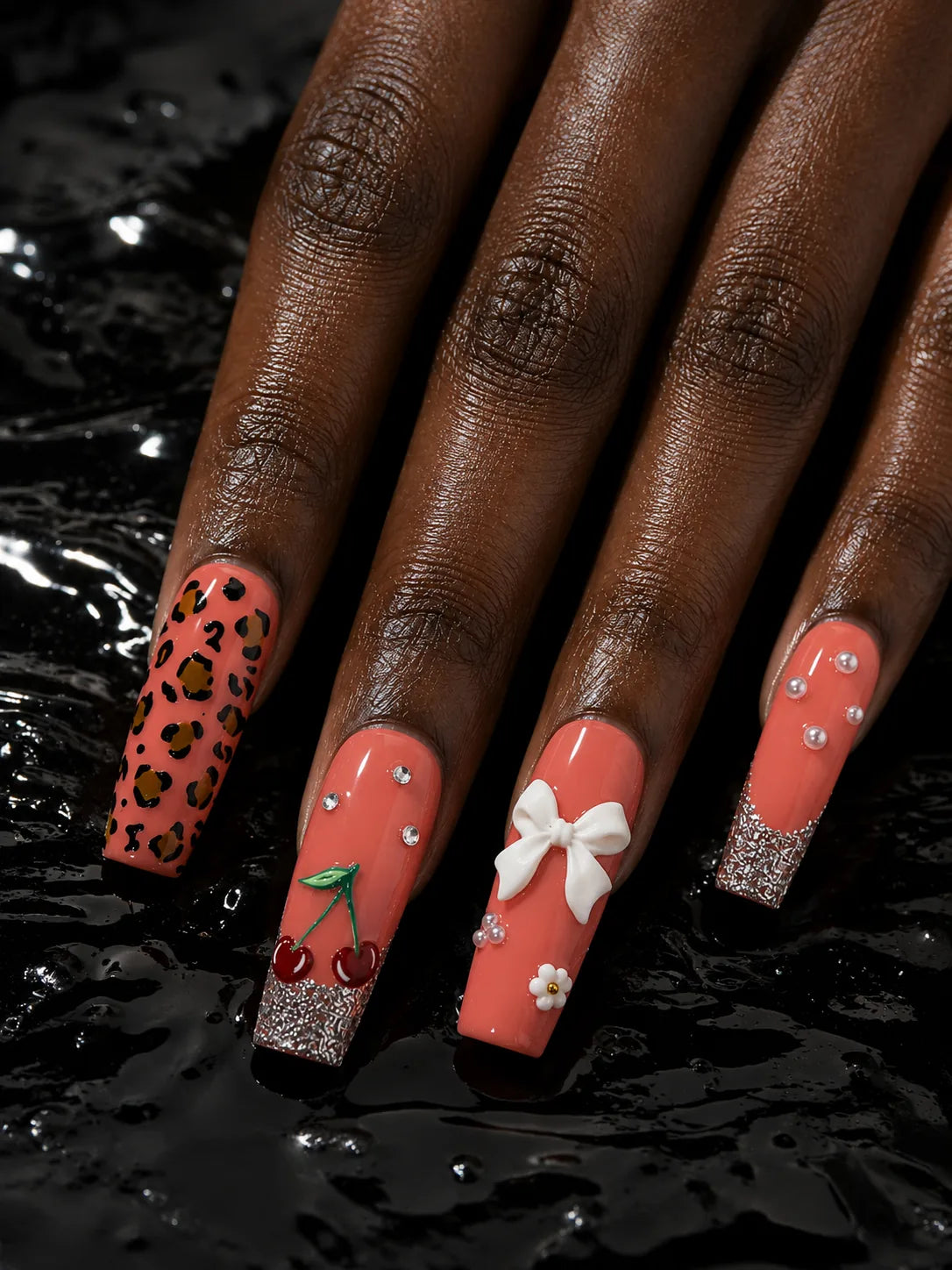 Cherry Bow Bling Leopard Print Press-On Nails - hand2