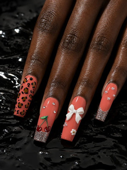 Cherry Bow Bling Leopard Print Press-On Nails - hand2