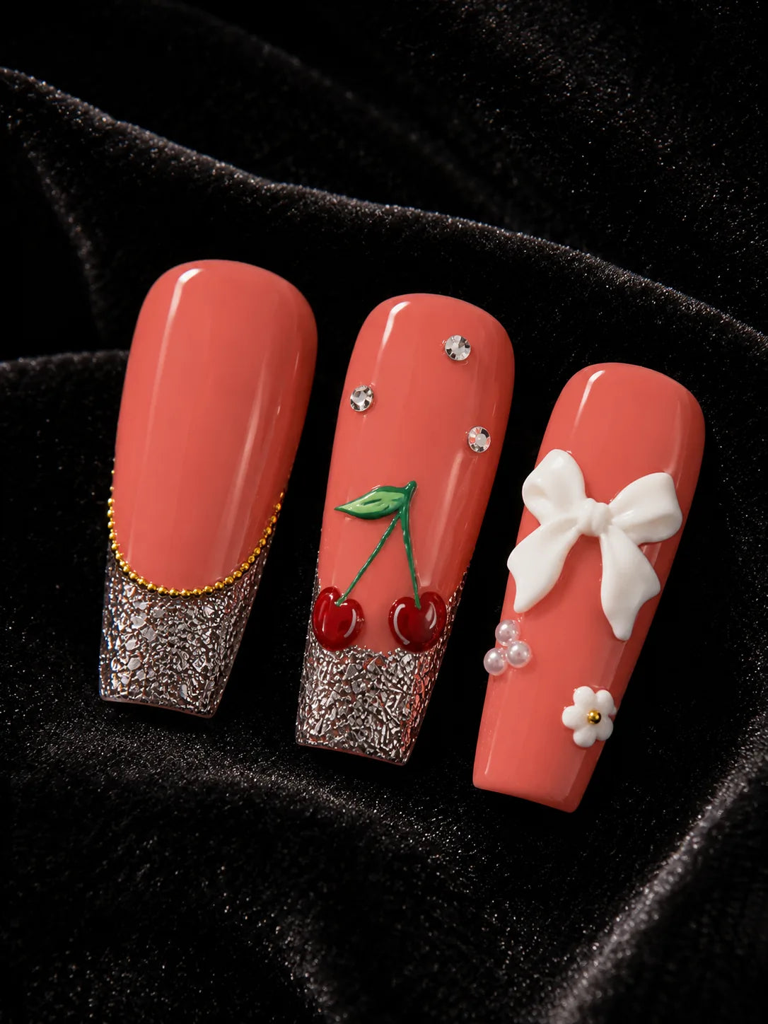 Cherry Bow Bling Leopard Print Press-On Nails - closeup