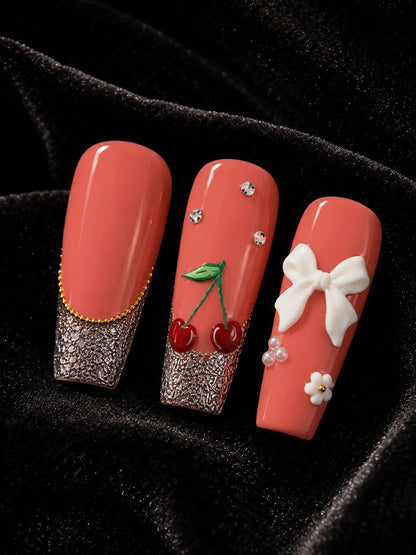 Cherry Bow Bling Leopard Print Press-On Nails - closeup