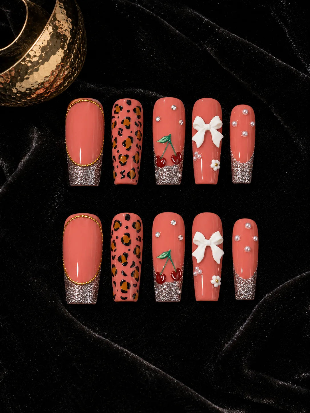 Cherry Bow Bling Leopard Print Press-On Nails - flatlay