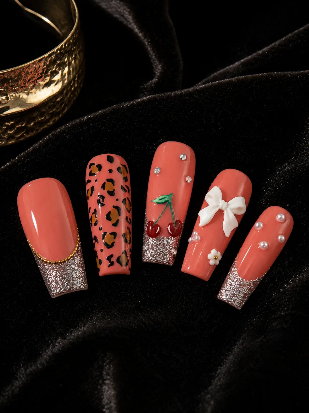 Cherry Bow Bling Leopard Print Press-On Nails - closeup2