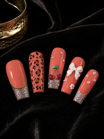 Cherry Bow Bling Leopard Print Press-On Nails - closeup2