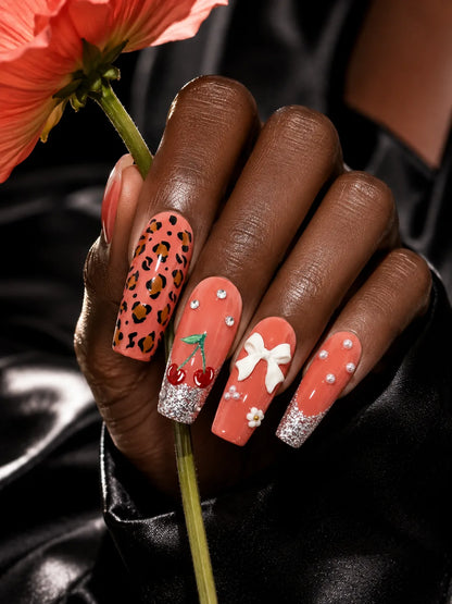 Cherry Bow Bling Leopard Print Press-On Nails - life1
