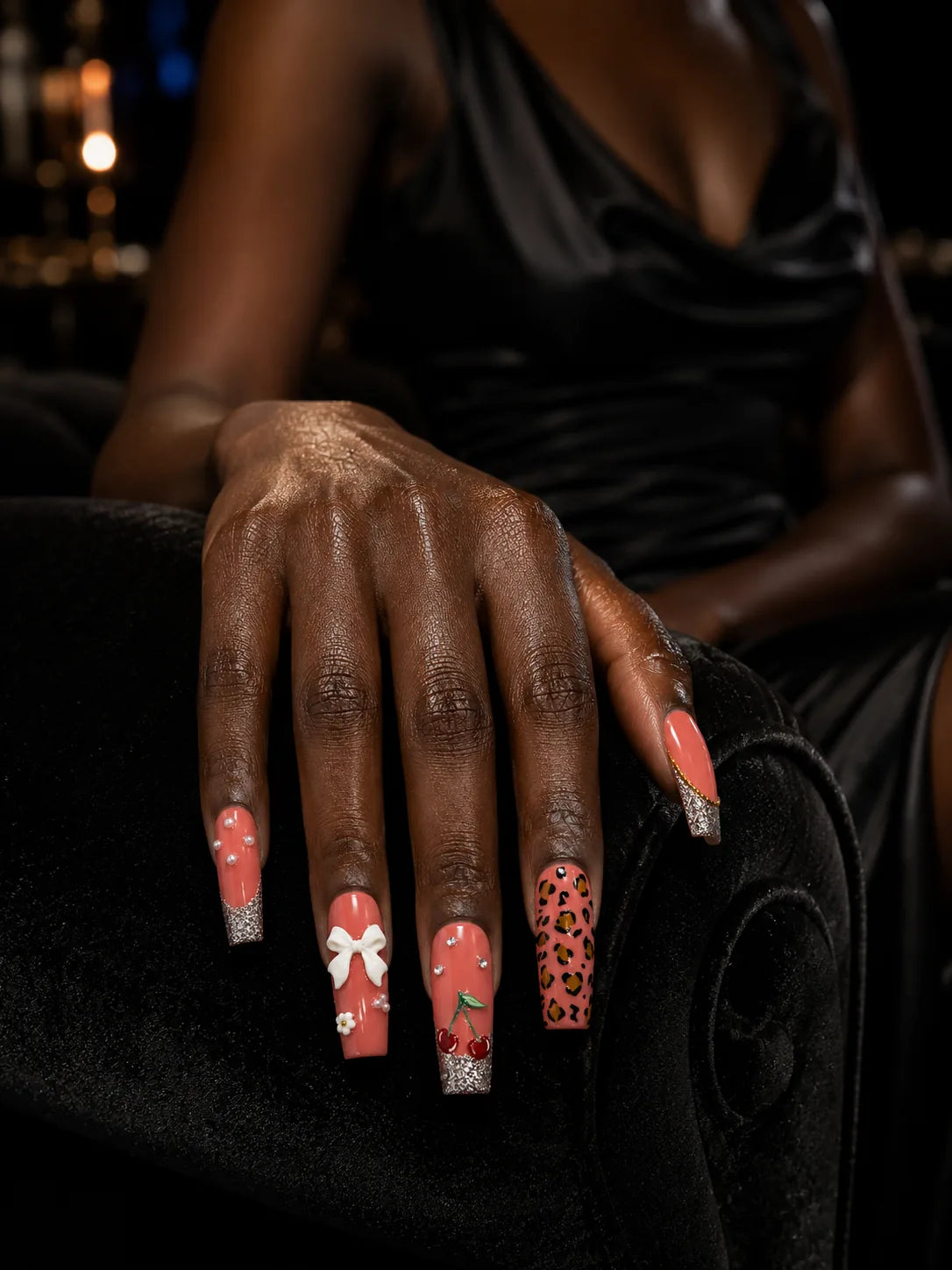 Cherry Bow Bling Leopard Print Press-On Nails - life2